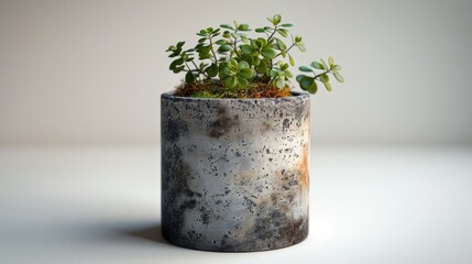 A succulent plant in a textured concrete pot on a white surface.
