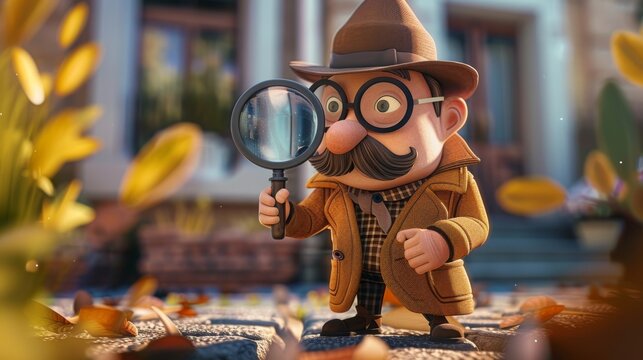 A whimsical cartoon detective in a brown coat examines clues with a magnifying glass amidst outdoor surroundings, suggesting mystery and adventure.