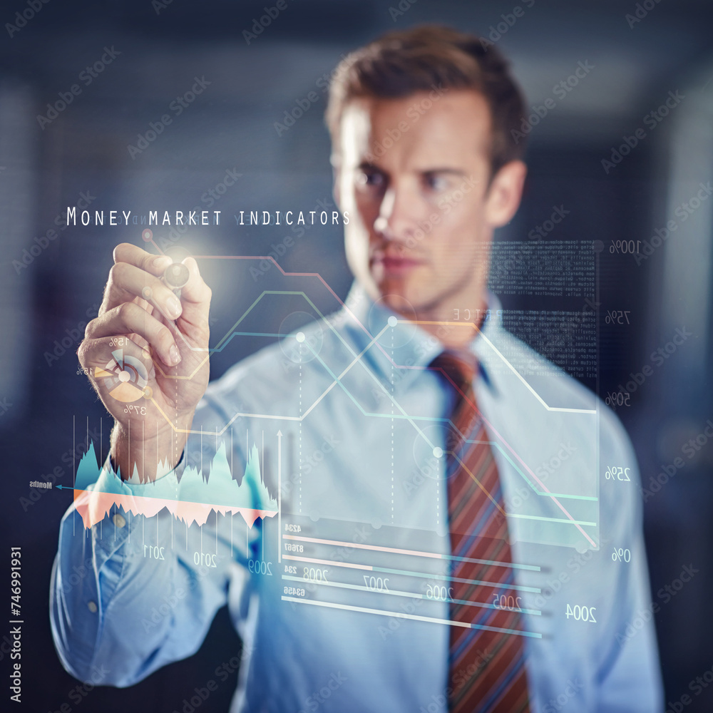Aufkleber businessman, planning and finance on overlay digital interface, graphs and working with technology. 
