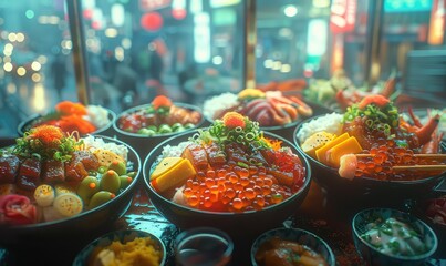 bowls of asian food that are on a table, in the style of multilayered