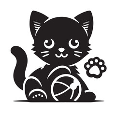 Silhouette and icon of playful kitten isolated on white background