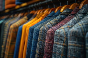 Close-up of assorted checkered and solid shirts on wooden hangers on a rack. - Powered by Adobe