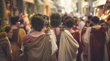 Ancient Roman Saturnalia festival with citizens in traditional garb. - obrazy, fototapety, plakaty