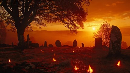 Ancient Celtic Samhain festival marking the end of harvest season. - obrazy, fototapety, plakaty