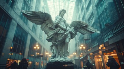 Angelic figures in modern urban settings. - obrazy, fototapety, plakaty