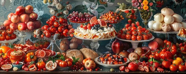 various foods are arranged in the collage, in the style of light red 