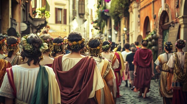 Fototapeta Ancient Roman Saturnalia festival with citizens in traditional garb.