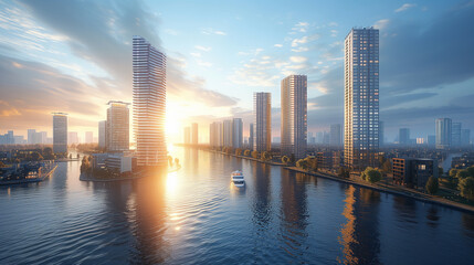 Skyline of tall skyscrapers on the shores of a tropical city.