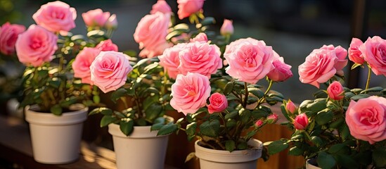 Obraz na płótnie Canvas A row of pink miniature roses in white pots adorns a home garden, adding a touch of color and elegance to the outdoor space. The vibrant pink flowers stand out against the clean white containers