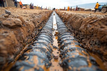 Close-up view of a newly installed underground water pipeline in a trench with muddy water, construction site in the background. - obrazy, fototapety, plakaty