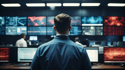 back view of Security guards in security control room