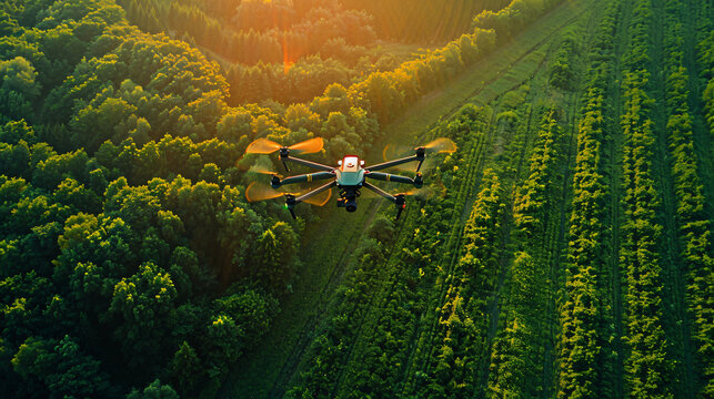 A drone is flying over a forest.