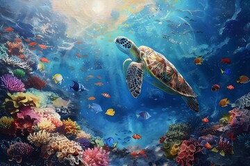 Obraz premium An underwater shot of a coral reef bustling with marine life, including schools of fish and a gracefully swimming sea turtle.
