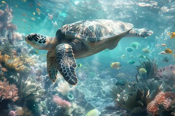 Obraz premium An underwater shot of a coral reef bustling with marine life, including schools of fish and a gracefully swimming sea turtle.