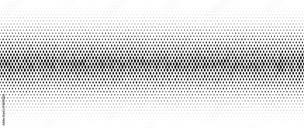 Aufkleber Rhombus gradient halftone texture. Diamond shape dot fading background. Abstract geometric particle vanishing gradation backdrop. Rhomb shape grunge overlay structure. Vector black and white wallpaper