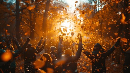 Autumn equinox celebration in a forest of golden leaves. - obrazy, fototapety, plakaty