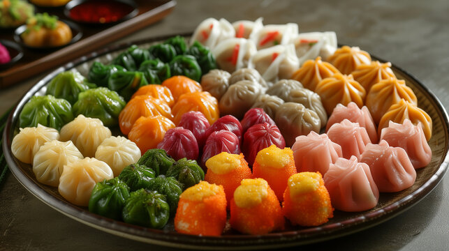 Large platter of colorful and different dumplings and dim sum on display.