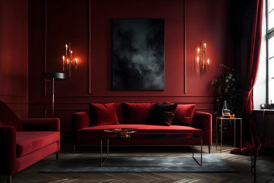 a luxurious red living room including a large crimson red velvet sofa