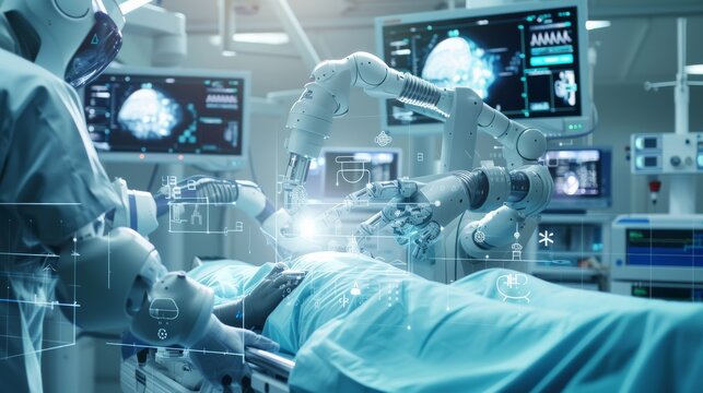 Banner image of robotic arms performing an automated healthcare operation, set in a futuristic hospital.