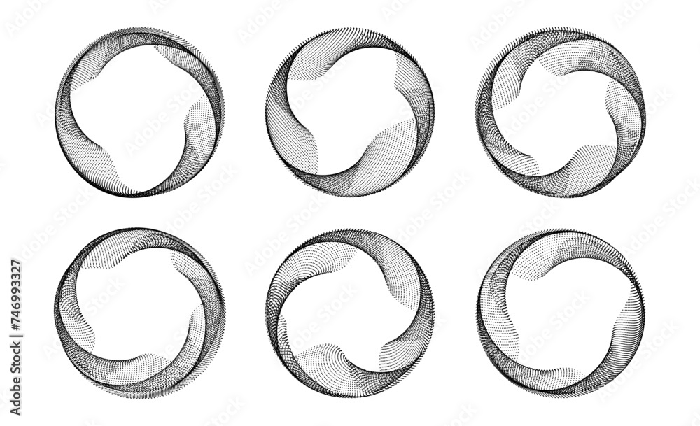 Poster blend dotted line circle frames set. black round border collection. curved wave dot stripe circle sh