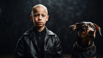 bald plump boy in a black leather coat with a Doberman - obrazy, fototapety, plakaty