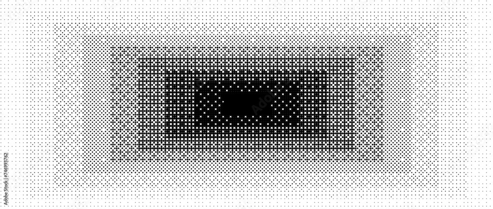 Poster Pixelated gradient rectangle frame. Black dithered radial gradation texture. Retro bitmap game background. Halftone 8 bit wallpaper. Vintage rectangular pixel art border. Vector vanishing backdrop