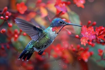 Obraz premium Elegant hummingbird hovering by vibrant orange flowers with green foliage in the background.
