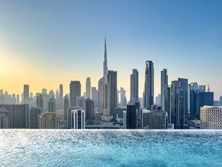 View of Dubai skyline including the Burj Khalifa, the world's tallest skyscraper as seen from...