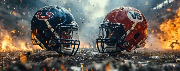 wide poster of hothead to head American football helmets challenge match advertisement banner with the VS letters for versus in the middle, Generative AI - obrazy, fototapety, plakaty