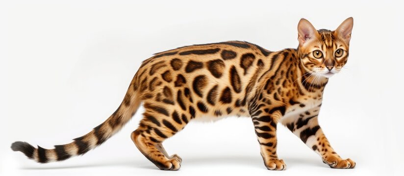 A tiger cat of the Suphalak breed is walking across a plain white background. The cats elegant movement is captured in a side view as it gracefully strides along.