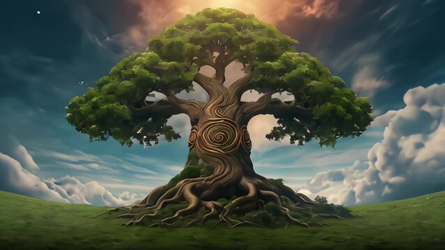 mythical fantasy folklore Yggdrasil world tree of life with horizon flowing clouds 