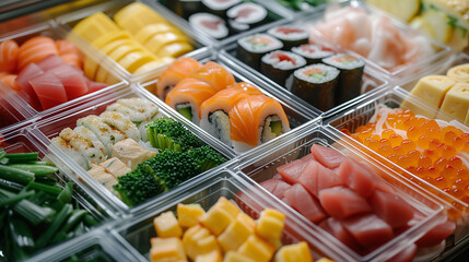Colorful bento boxes filled with sushi and fresh raw fish and appetizers. Japanese style display of popular healthy items.