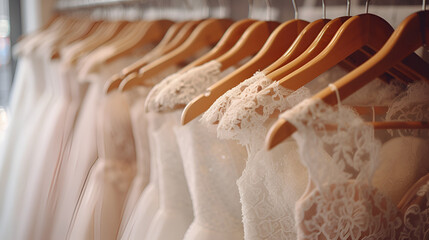 Fototapeta na wymiar Beautiful elegant luxury bridal dress on hangers. White wedding dresses hanging on hanger in bridal shop boutique salon. generative ai 