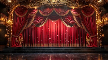 Majestic theater stage with closed red velvet curtains, ornate golden embellishments, and sparkling lights, inviting anticipation for the upcoming performance.