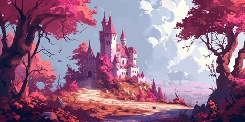 cartoon dreamy pink and pastel color cartoon castle for fairytales and kids stories concepts as...