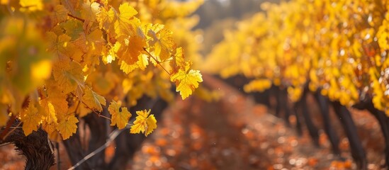 Naklejka na ściany i meble Vibrant Autumn Scene with Sunlit Yellow Leaves on Tree - A Nature's Delight