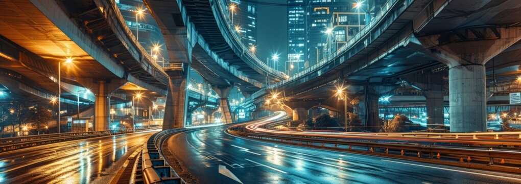 complex city street highway brige interchage with manny vihecle bridges for trafic solutions and smart automation of city infrastructure as wide banner design with hud futuricstic, Generative AI