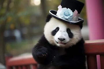 Keuken spatwand met foto a panda, cute, panda wearing a hat © Salawati
