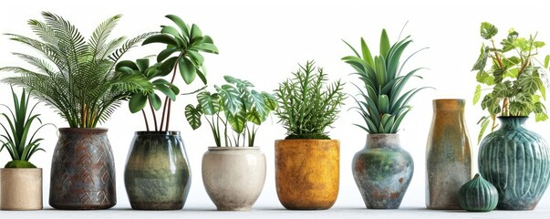 collection Set of different styles of retro vantage and modern vase and interior plants pots furniture cutouts isolated on white background. Generative AI - obrazy, fototapety, plakaty
