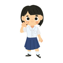 Thai Student Girl Cartoon Character in Cute Kawaii Style Smiling Happily