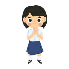 Thai Student Girl in Cute Kawaii  Cartoon Style Character is Sawasdee Greeting