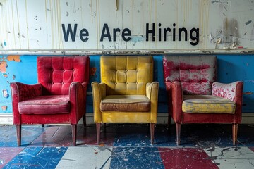 A gritty, creative space featuring four eclectic armchairs against a peeling blue wall with a We Are Hiring sign, suggesting a dynamic and unconventional work environment.