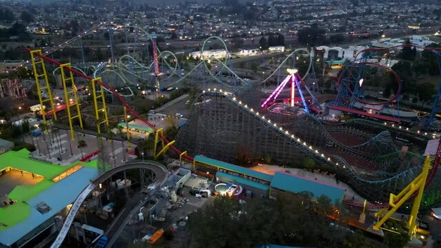 Six Flags Amusement Park Roller coasters drone shot Theme Park