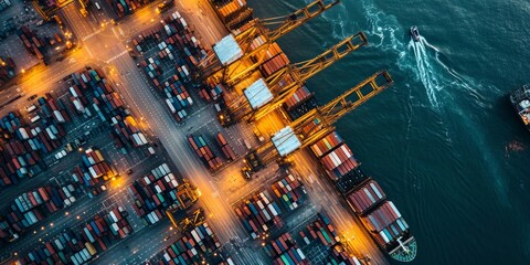 Aerial view of international trading supply chain seaport full of Containers loading with cranes onto cargo ship for shipping logistics of business import export freight, Generative AI