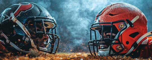 wide poster of hothead to head American football helmets challenge match advertisement banner with the VS  versus concept with copyspace, Generative AI - obrazy, fototapety, plakaty