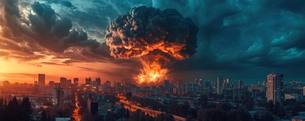 huge natural disaster or nuclear explosion mushroom cloud effect over city skyline for apocalyptical aftermath of nuclear attach or the use of mass destruction weapons. Generative AI - obrazy, fototapety, plakaty