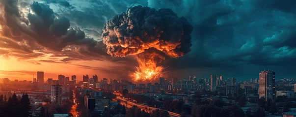 Fotobehang huge natural disaster or nuclear explosion mushroom cloud effect over city skyline for apocalyptical aftermath of nuclear attach or the use of mass destruction weapons. Generative AI © Pooja