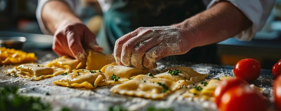professional chef hands wrapping and filling preparing ravioli dough pasta dish and arrange and decorate it as a wide banner for fine dining in Italian cuisine food restaurant, Generative AI