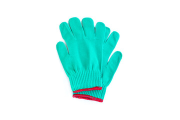 Green fabric gloves with red edge isolated on white background, Green cotton gloves