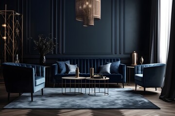 Picture of a luxurious living room interior with a dark blue sofa, armchairs by a coffee table, a blue wall, a modern rug